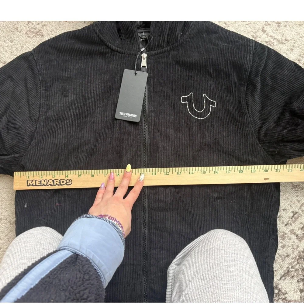 True Religion‎ Mens Corduroy Jacket Bomber Black Hooded Full Zip size small